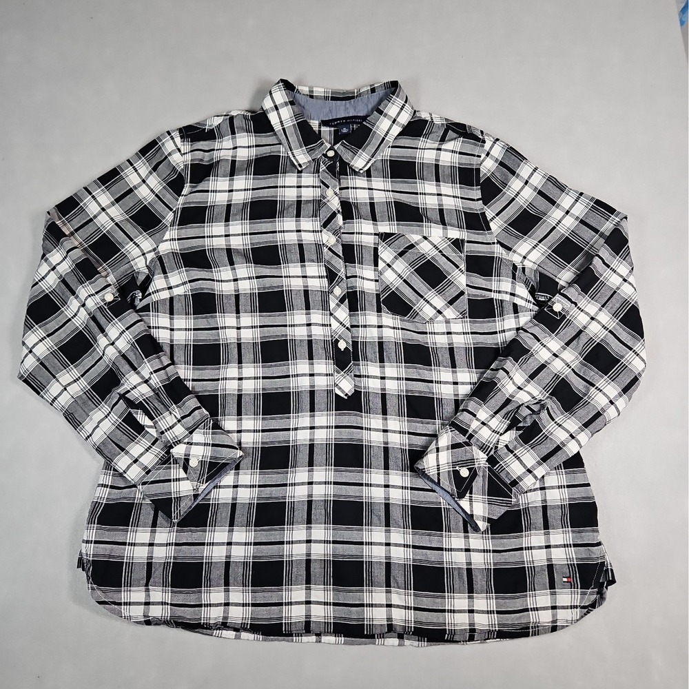 Tommy Hilfiger Womens Black White Plaid 1/2 Button Pullover Shirt Size XL